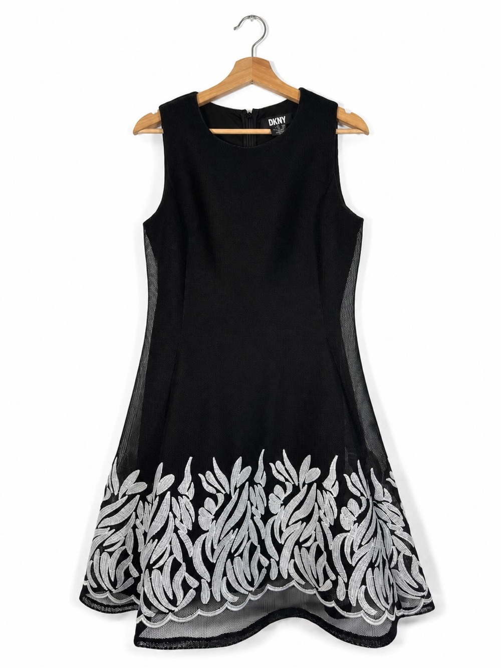 DKNY Black Embroidered Mesh Overlay Fit & Flare Dress Size 10 Party Cocktail